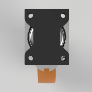 Black mounting plate with four holes around a visible bearing wheel, and an orange connector at the bottom.