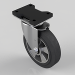 Swivel caster wheel with a rectangular metal mounting plate, black rubber wheel, and silver fork, shown at an angle from above.