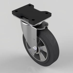Swivel caster wheel with a rectangular metal mounting plate, black rubber wheel, and silver fork, shown at an angle from above.