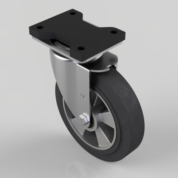 Swivel caster wheel with a rectangular metal mounting plate, black rubber wheel, and silver fork, shown at an angle from above.