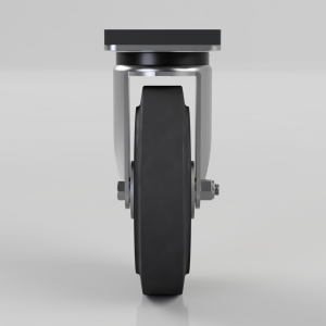 Front view of a black caster wheel with a silver metal frame and mounting bolts (industrial swivel caster).