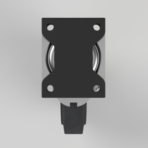 Top view of a rectangular black mounting plate attached to a caster wheel assembly