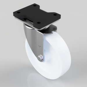 Swivel caster wheel with a white wheel mounted on a metal fork and a black rectangular mounting plate on top.