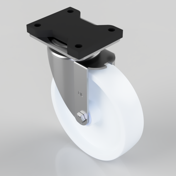 Swivel caster wheel with a white wheel mounted on a metal fork and a black rectangular mounting plate on top.