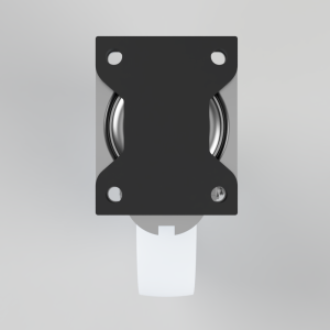 3D rendering of a black mounting plate with a central circular bearing and a white cylindrical shaft beneath