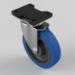 Swivel caster wheel with a blue wheel and silver mounting plate, shown at an angle for furniture or carts.