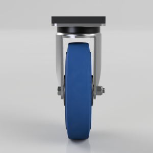 Front view of a blue wheel caster with a gray metal frame and mounting plate, shown on a light gray background