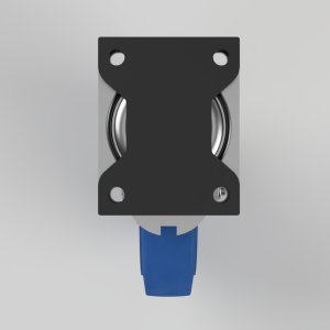 Close-up of a roller bearing housed in a black mounting plate with four screw holes; a blue cylindrical connector extends downward.