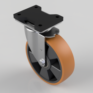 Swivel caster wheel with an orange polyurethane tire and metal mounting plate, shown at an angle with four-hole plate for attachment