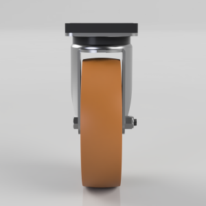 Front view of an orange polyurethane caster wheel with a silver metal frame and black mounting plate.