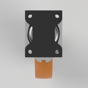 Black square mounting plate enclosing a bearing, with an orange tube extending below the bracket.