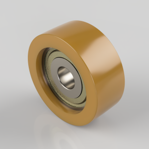 Orange outer-ring bearing with metal inner race on a light gray background, viewed at an angle (3D render).