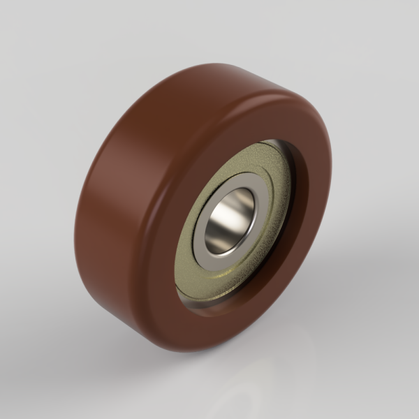 Brown plastic wheel with a visible metal bearing in the center, shown at an angle on a light background.