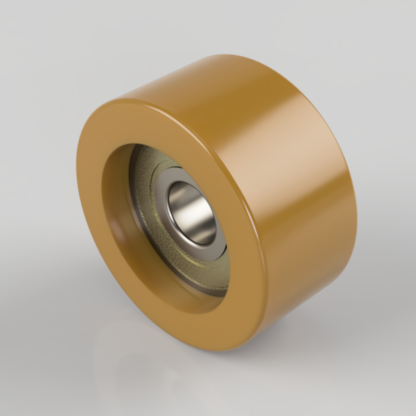 Orange polyurethane wheel with a silver metal inner bearing, shown at an oblique angle on a neutral background