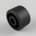 Black cylindrical pulley-like object with a recessed inner bore, shown at an angle as a solid roller/bearing component.