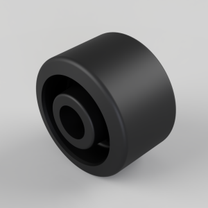 Black cylindrical pulley-like object with a recessed inner bore, shown at an angle as a solid roller/bearing component.