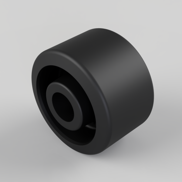 Black cylindrical pulley-like object with a recessed inner bore, shown at an angle as a solid roller/bearing component.