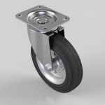 Heavy-duty swiveling caster wheel with a square mounting plate and metal housing attached to a black rubber wheel