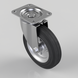 Heavy-duty swiveling caster wheel with a square mounting plate and metal housing attached to a black rubber wheel