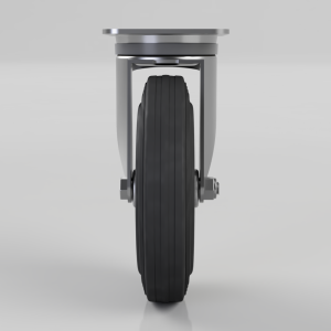Front view of a large heavy-duty caster wheel with a black rubber tire and silver metal frame