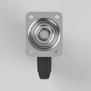 Caster wheel with a gray square mounting plate (four holes) and a black rubber wheel, shown from the front.