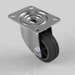 Swivel caster wheel with a square metal mounting plate featuring four corner holes and a black rubber wheel.