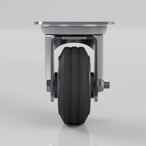 Front view of a heavy-duty caster wheel with gray metal frame and black wheel, mounted to a plate and bolt mechanism.