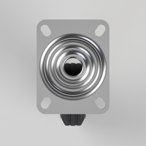Panel-mounted spring-loaded mechanism: square gray plate with rounded corners and four screw holes, central metal coil spring around a bore, with a knurled black knob at the bottom