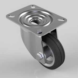 Swivel caster wheel with a square mounting plate, black rubber wheel, and metal bracket with a nut and bolt visible.