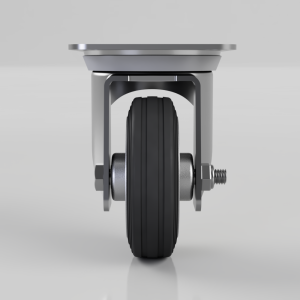 Front view of a heavy-duty caster wheel with a black rubber tire and metal fork mounting.