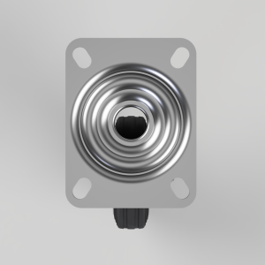 Square gray mounting plate with a large concentric metal spring in the center and a black knob at the bottom.