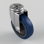 Swivel caster wheel with blue polyurethane tread and chrome mounting yoke, bolt securing the fork.