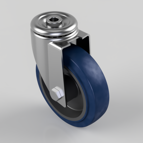 Swivel caster wheel with blue polyurethane tread and chrome mounting yoke, bolt securing the fork.