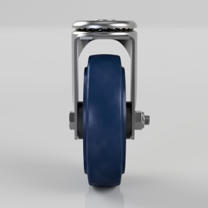Front view of a furniture caster wheel with a blue rubber wheel and metal bracket.
