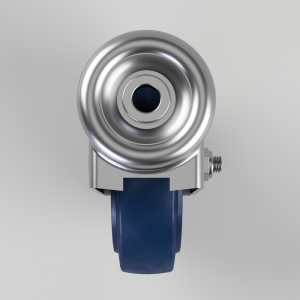 Swivel caster wheel with a blue wheel and silver metal housing, viewed from the front