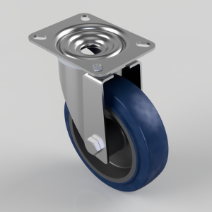 Swivel caster wheel with square mounting plate, blue polyurethane wheel, and metal bracket bolts visible for attachment to a cart or furniture.