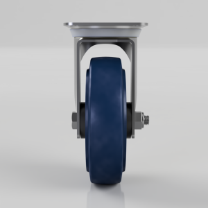 Single blue caster wheel with a metal frame and mounting hardware, viewed from the front. Used for furniture or carts for mobility.