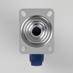 Metal coil spring mounted on a square gray plate with rounded corners and four mounting holes; a blue attachment extends below the plate.
