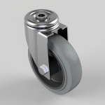 Metal caster wheel with a swivel bracket, bolt, and gray wheel on a light background (angled view).