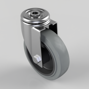 Metal caster wheel with a swivel bracket, bolt, and gray wheel on a light background (angled view).