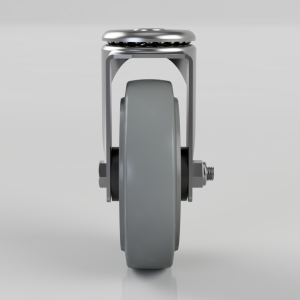Front view of a single gray caster wheel with a metal mounting bracket and bolts, shown from the side.
