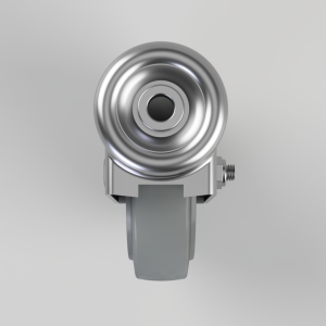 Silver swivel caster wheel with metal housing and gray wheel, viewed from the front (industrial hardware)