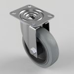 Swivel caster wheel with a square metal mounting plate and four mounting holes. The grey polyurethane wheel is mounted in a metal frame.