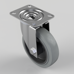 Swivel caster wheel with a square metal mounting plate and four mounting holes. The grey polyurethane wheel is mounted in a metal frame.