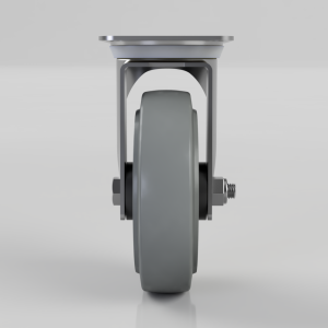 Swivel caster wheel assembly with gray wheel and metal fork viewed from the side.