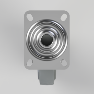 Front view of a square metal mounting plate with a circular spiraled spring in the center and a bottom attachment tab.