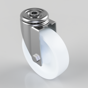 Metal caster wheel with white wheel, chrome center and bolt-on mounting bracket