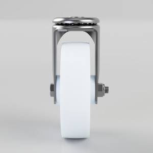 Swivel caster wheel with a white wheel and metal frame, viewed from the front for mounting on furniture or equipment.