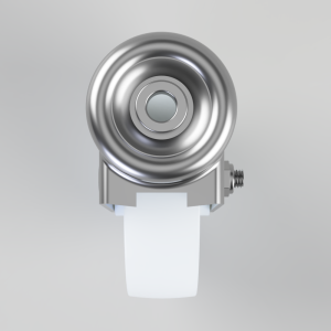 Close-up of a shiny metal wheel bearing mounted on a brackets with a white strap underneath.