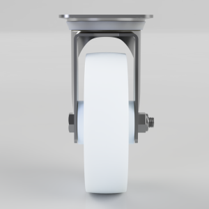 Caster wheel with a metal mounting bracket viewed head-on; white wheel on gray frame.